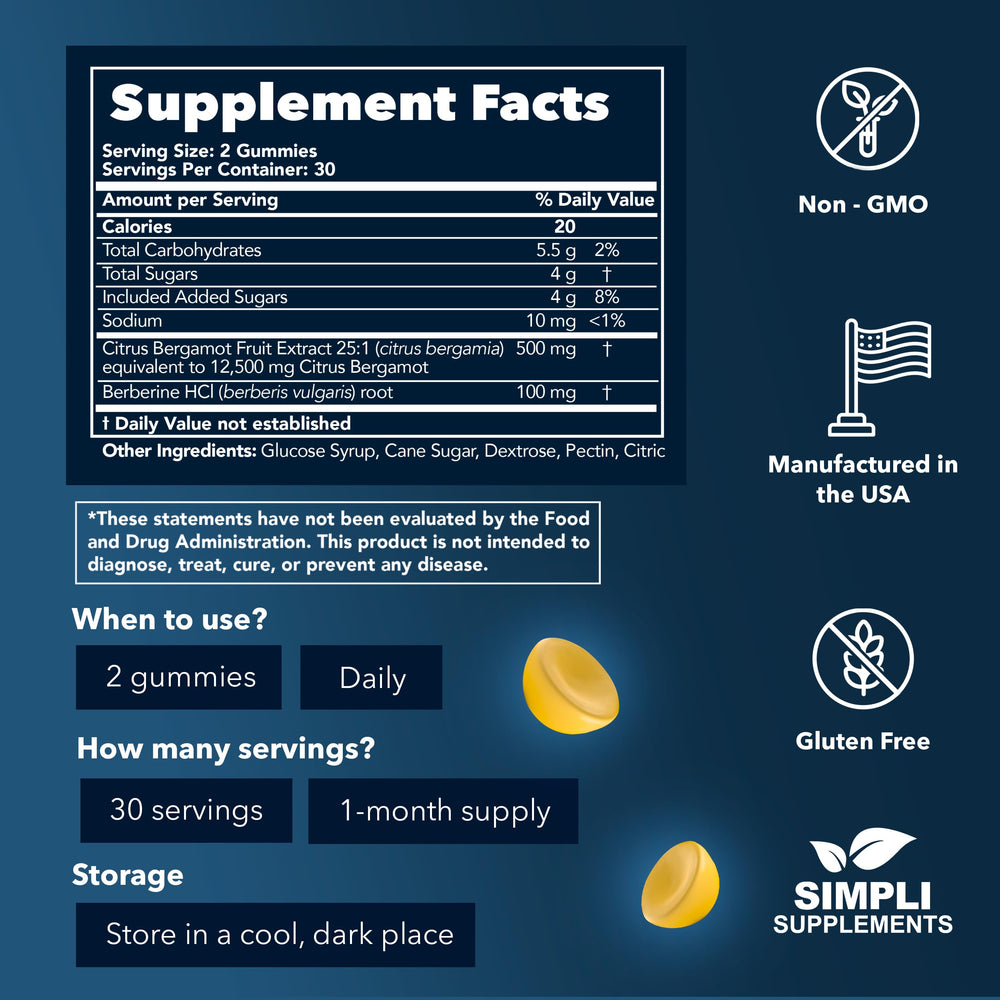 Simpli Citrus Bergamot Gummies with Berberine close-up highlights the heart health benefits.