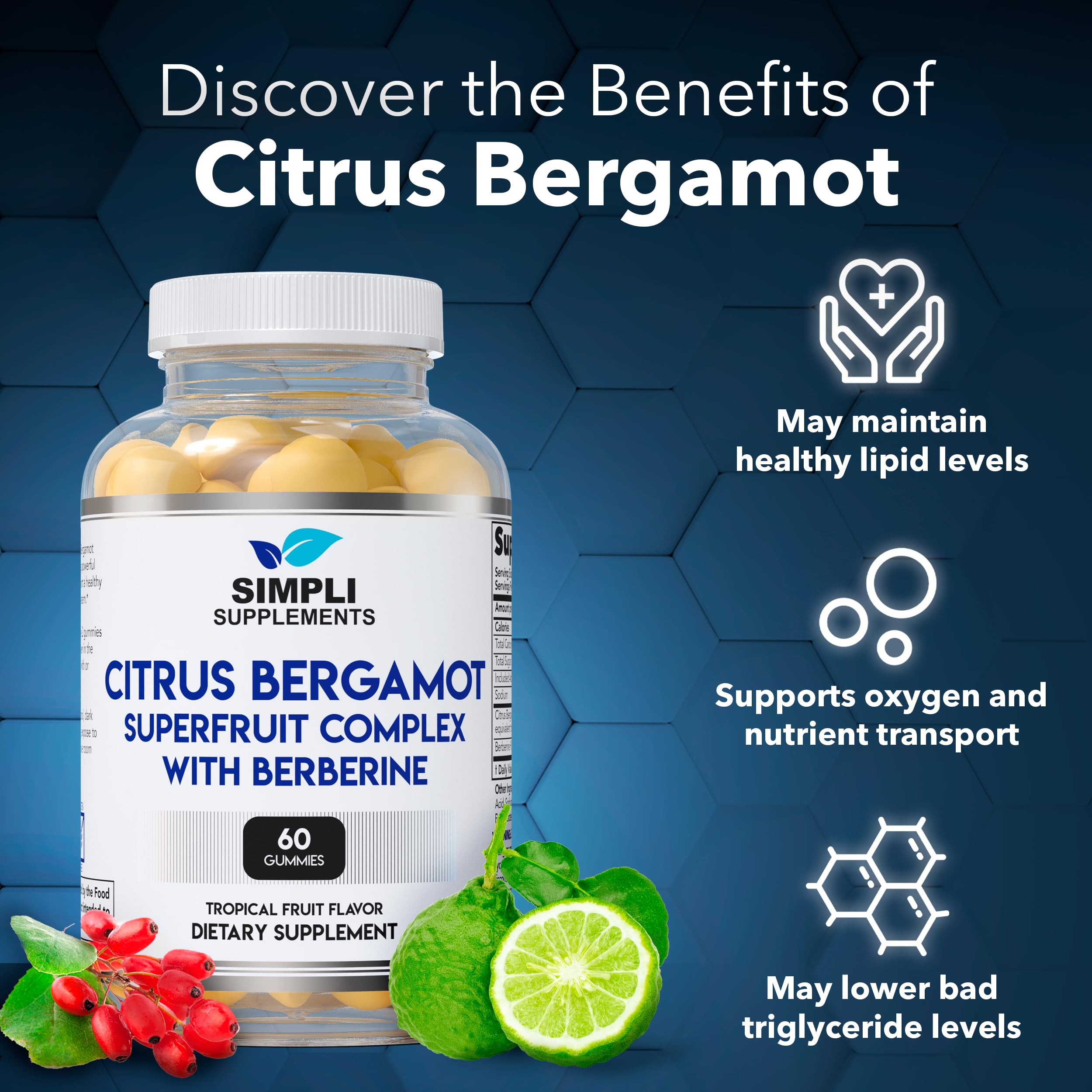 Simpli Citrus Bergamot Gummies label front shows 500mg extract and 100mg Berberine for potency.