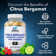 Simpli Citrus Bergamot Gummies label front shows 500mg extract and 100mg Berberine for potency.