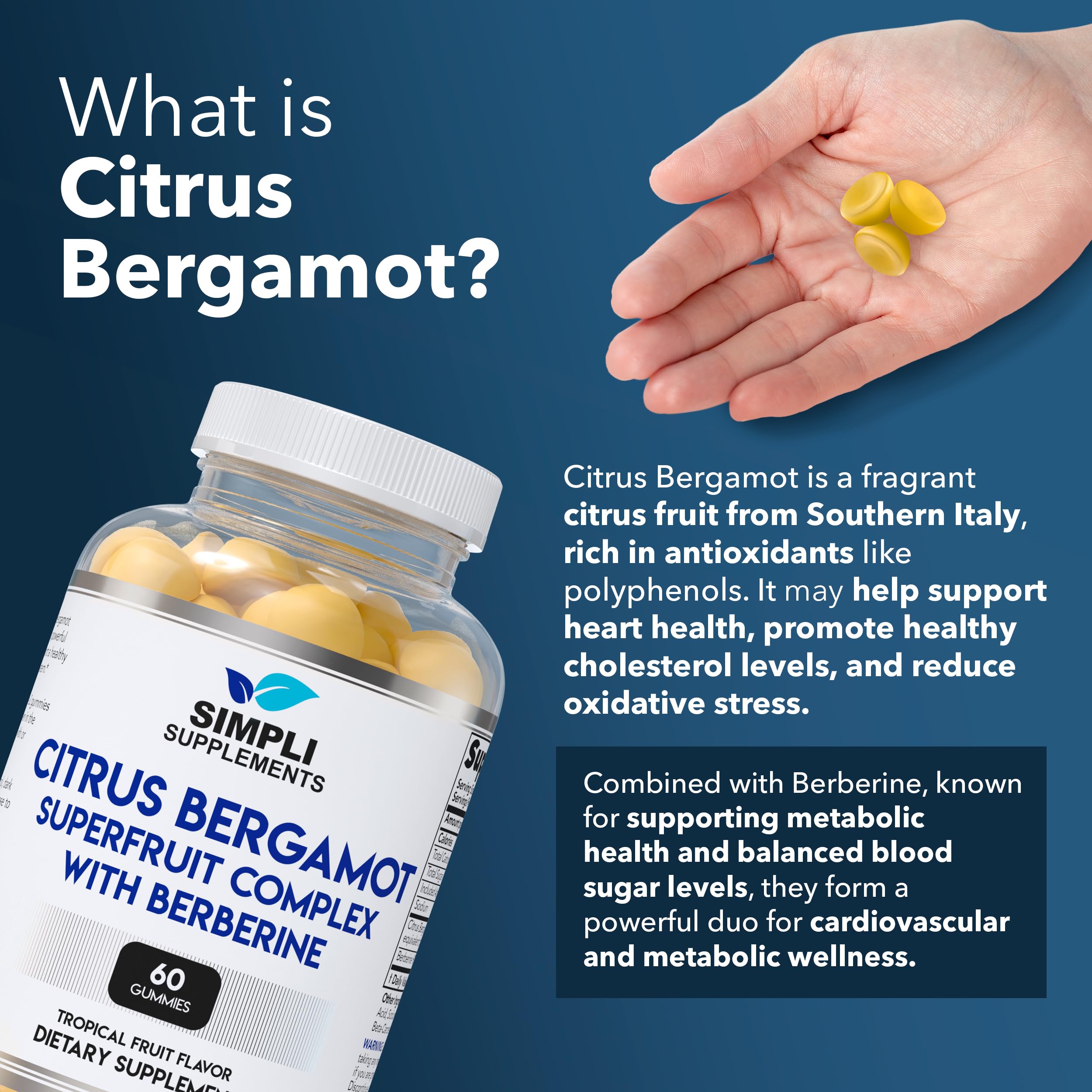 Simpli Citrus Bergamot Gummies serving illustration suggests convenient daily support.