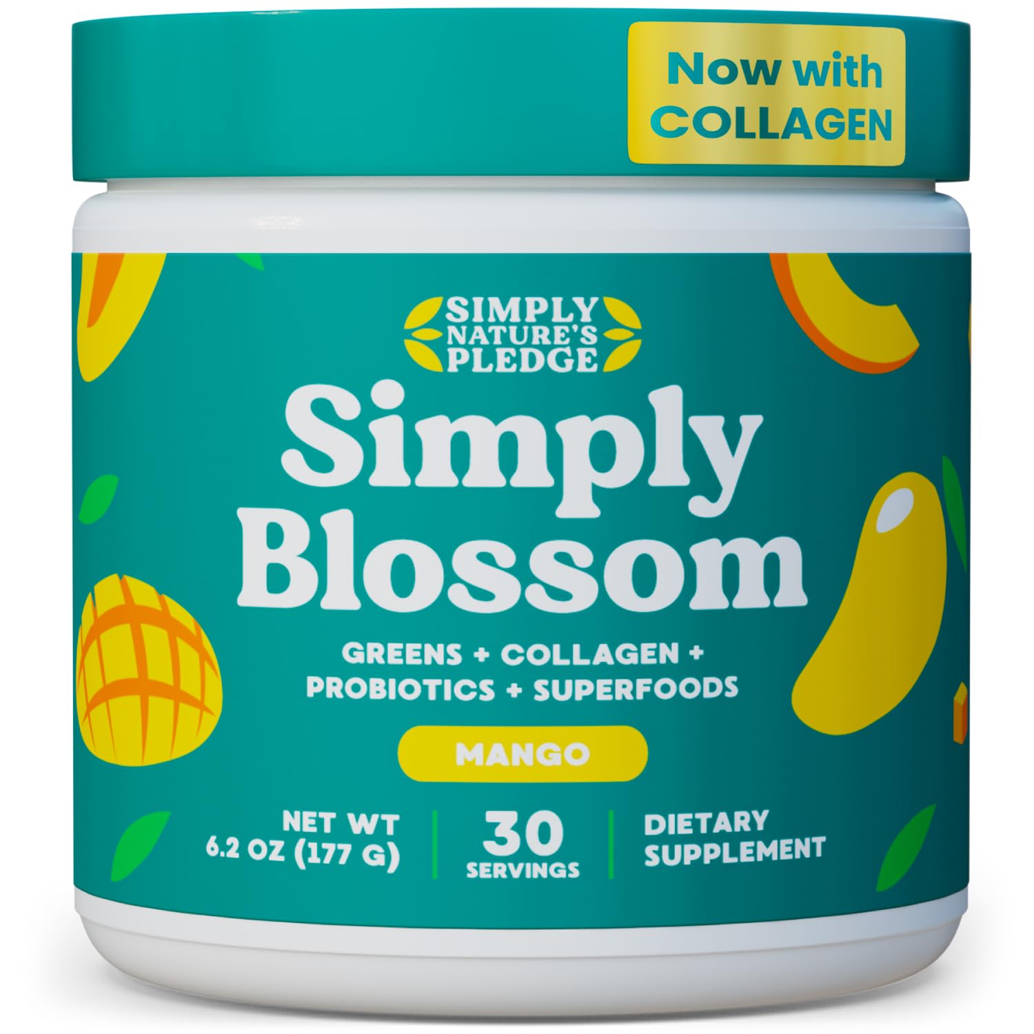 Simply Blossom Daily Greens tub front shows a nutrient-packed greens boost for daily wellness