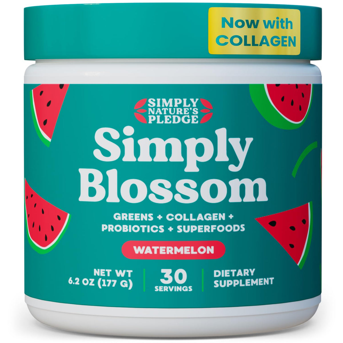 Simply Blossom Watermelon Greens powder tub for daily nutrition.