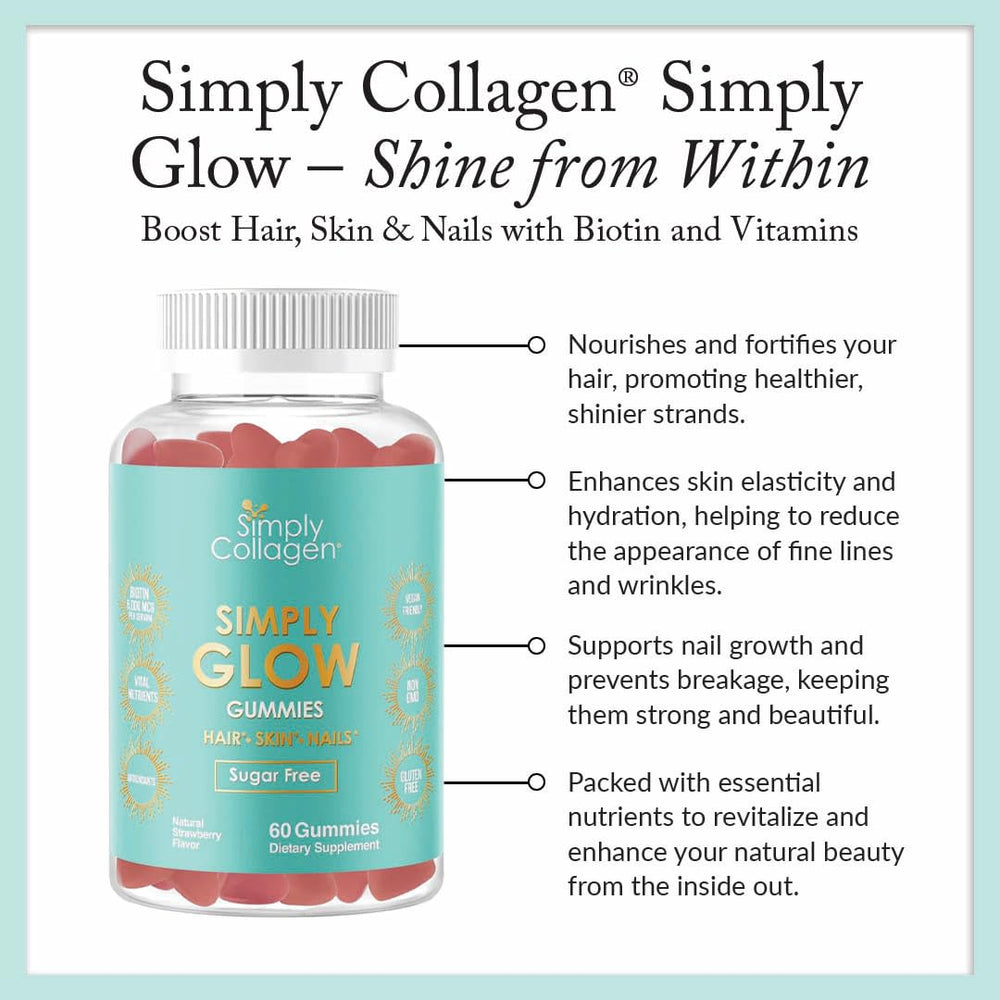 Simply Glow label displays vitamins C, A, and E to support radiant skin.