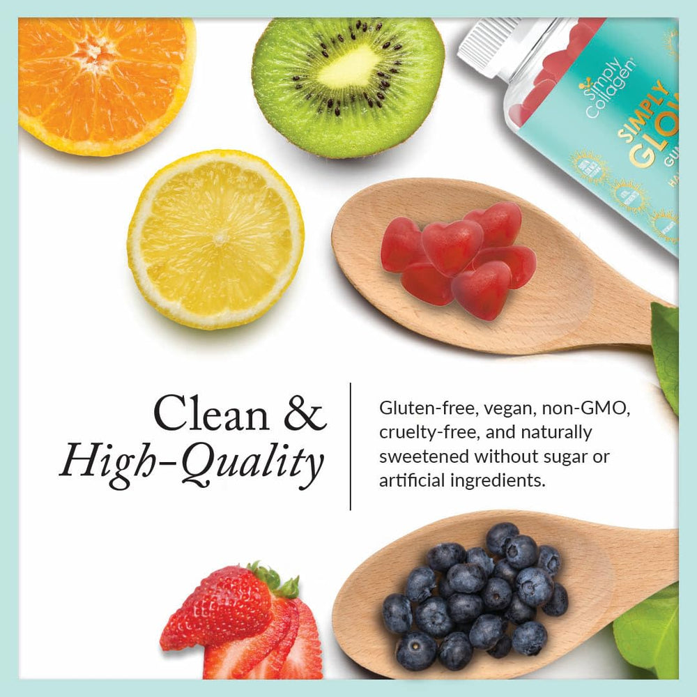 Simply Glow packaging shows no gelatin or artificial ingredients for dietary compatibility.