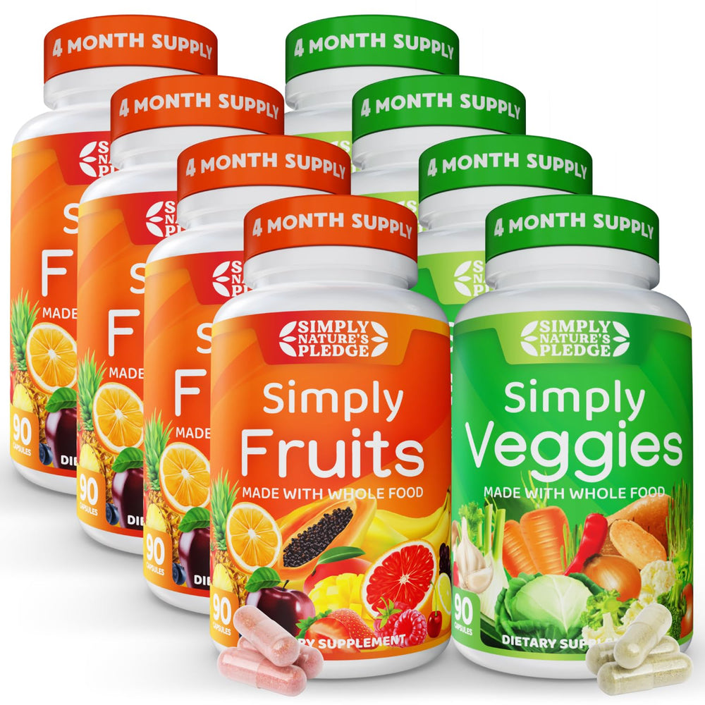Simply Nature's Pledge bottle front shows 42+ fruits and vegetables for daily wellness