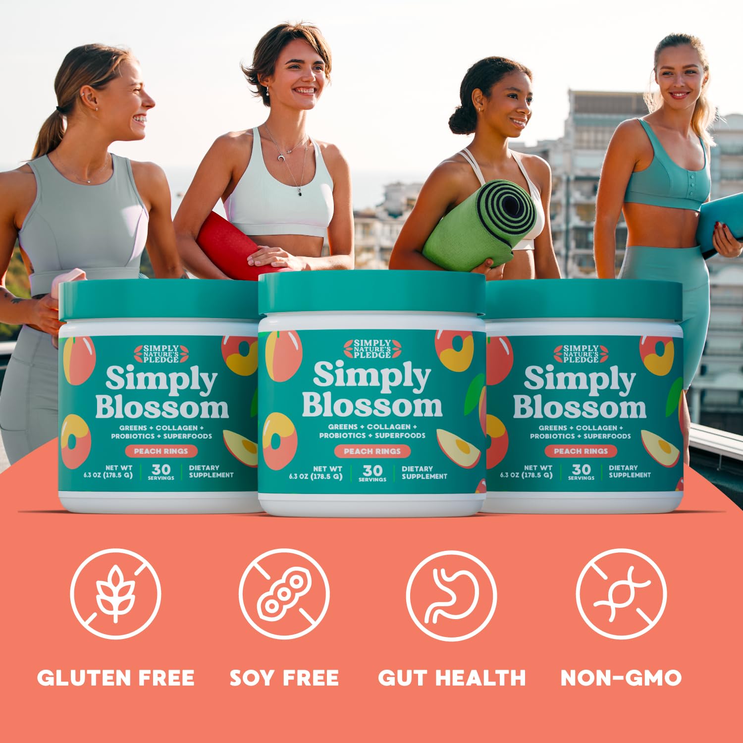 Measuring scoop with Simply Blossom powder emphasizes a 1-scoop daily serving.