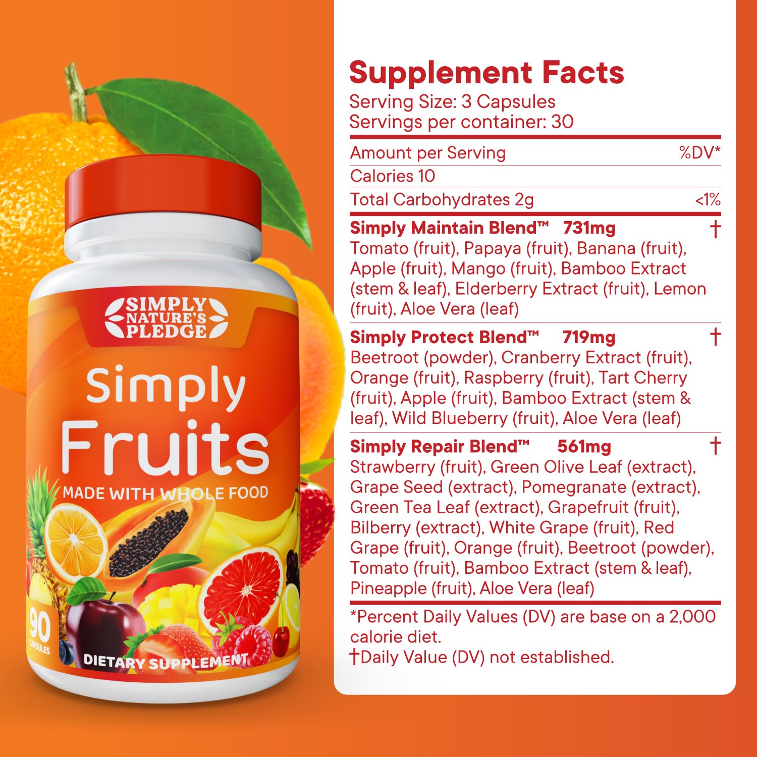 Simply Nature's Pledge ingredients closeup with 42+ fruits and vegetables
