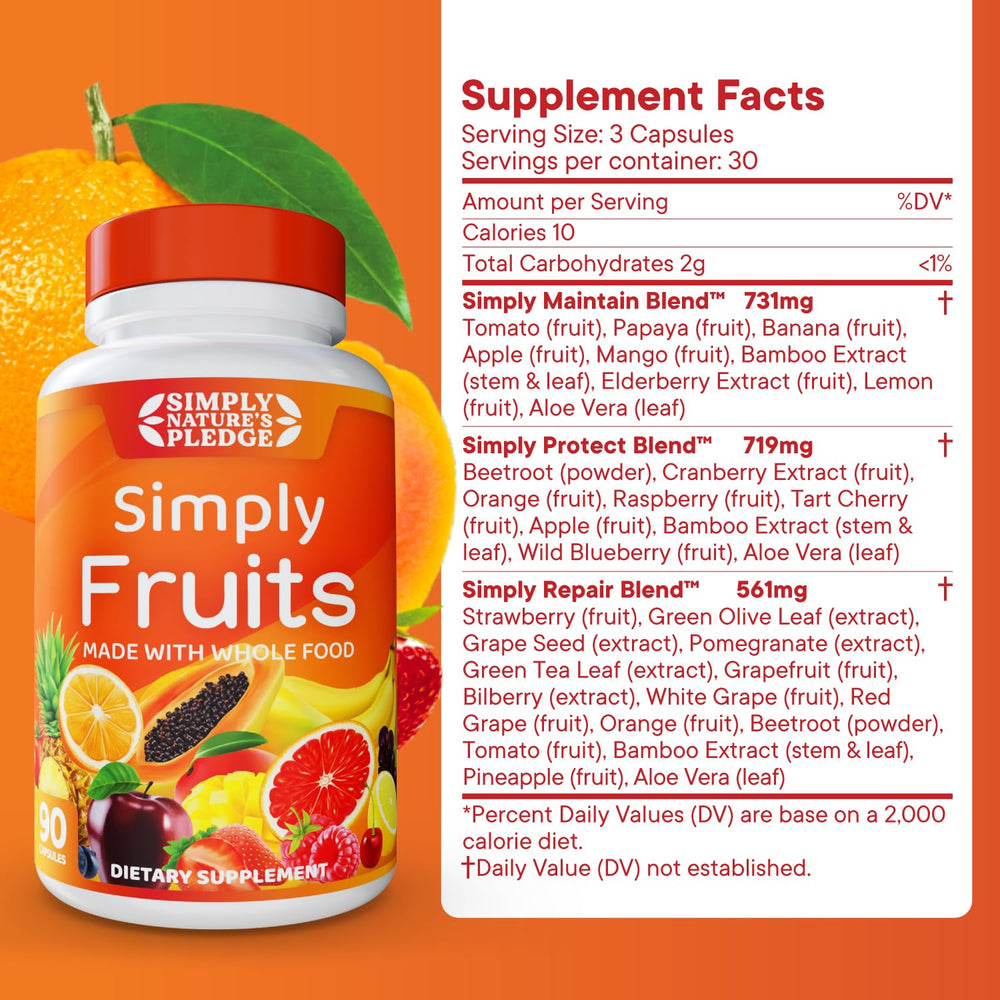 Simply Nature's Pledge ingredients closeup with 42+ fruits and vegetables