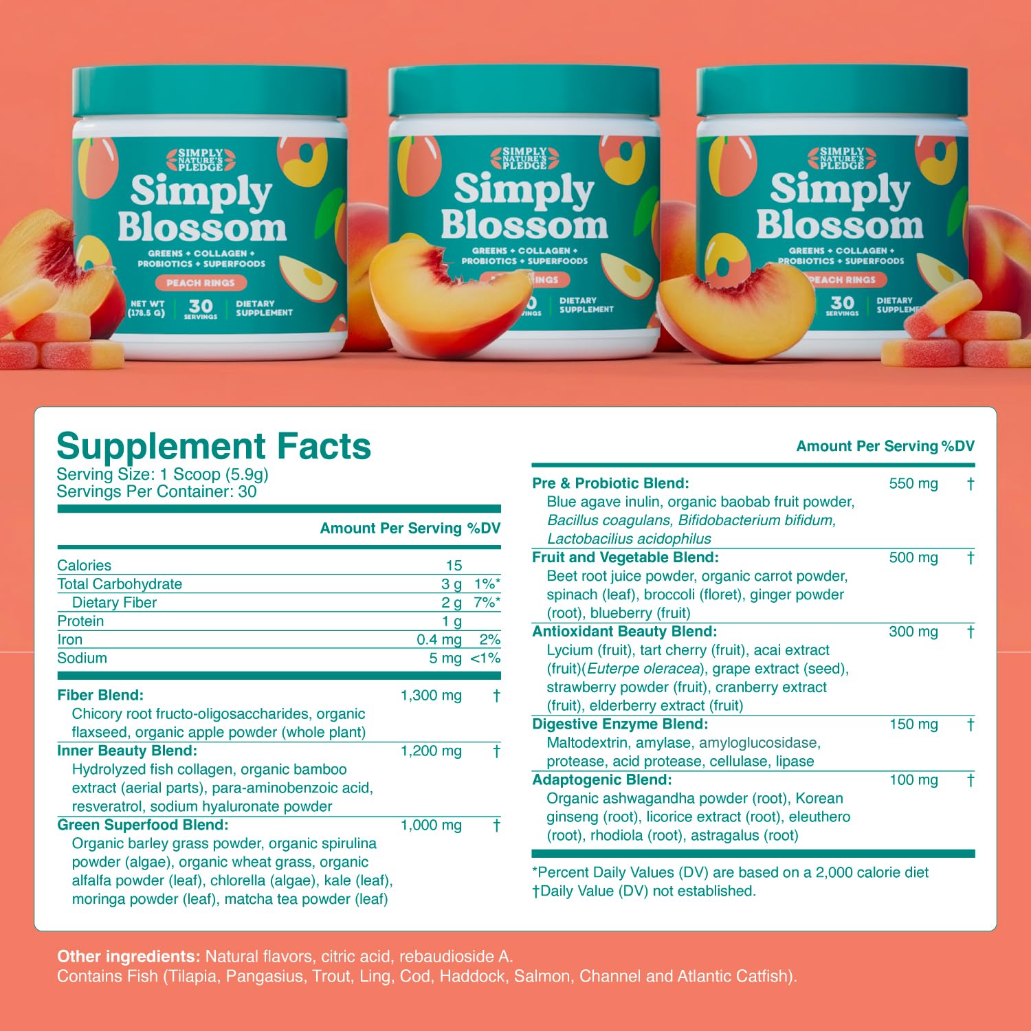Simply Blossom Peach Rings flavor scoop showcasing refreshing taste with daily greens.