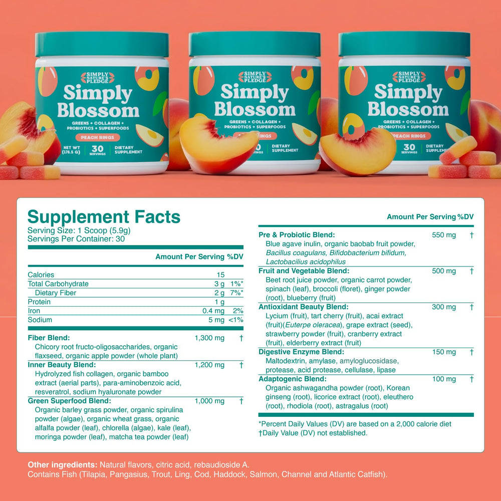 Simply Blossom Peach Rings flavor scoop showcasing refreshing taste with daily greens.