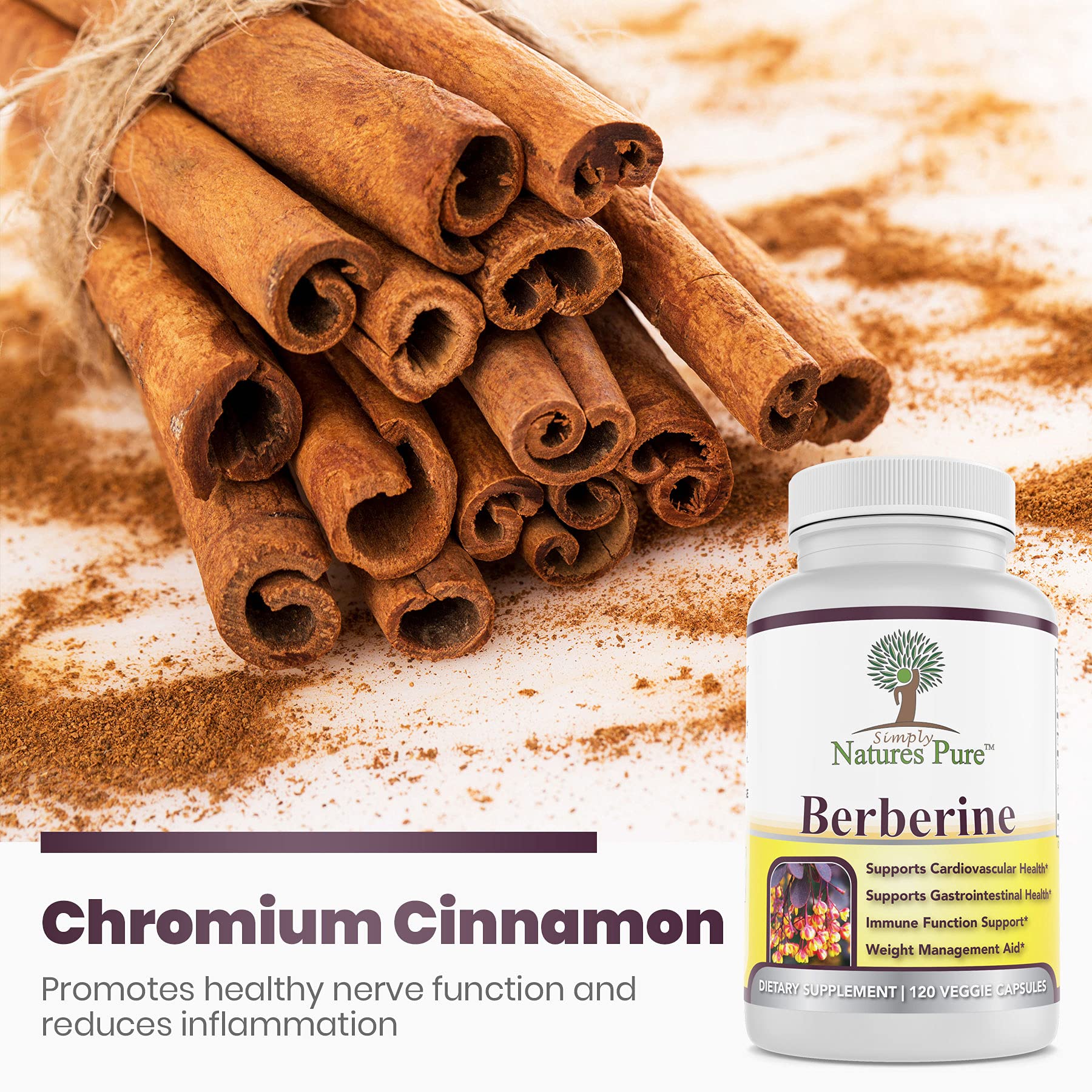 Simply Natures Pure Berberine HCl 500mg packaging with cinnamon and chromium imagery