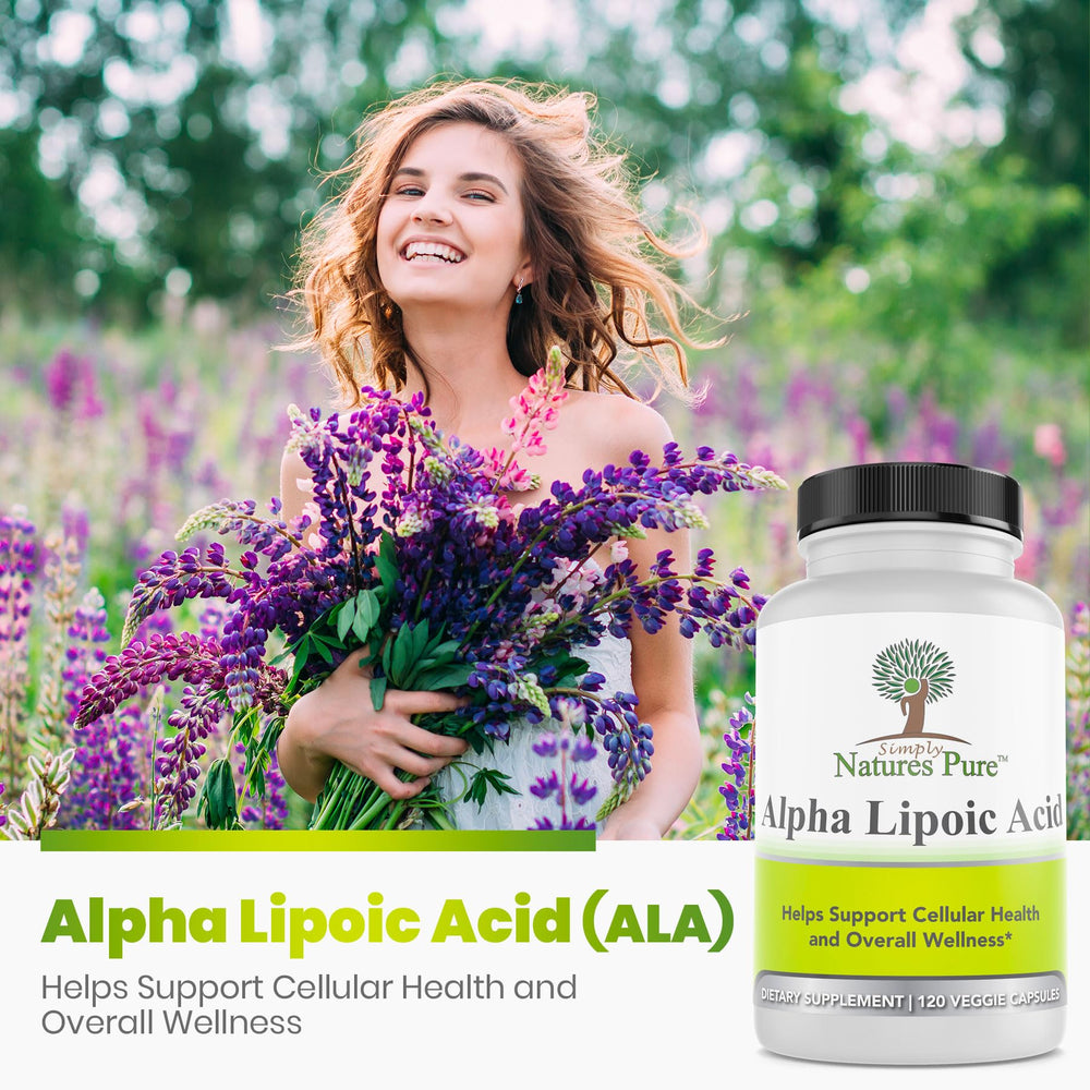 Bottle side view of Simply Natures Pure Alpha Lipoic Acid 600mg