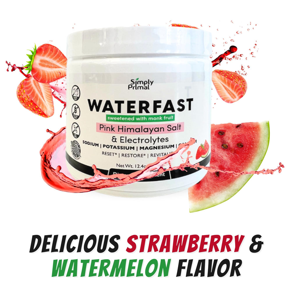 Simply Primal Waterfast bottle pouring illustrates convenient hydration during fasting.