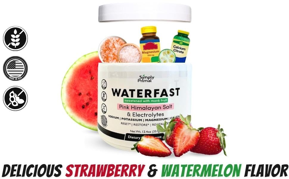 Simply Primal Waterfast glass with water illustrates refreshing electrolyte balance.