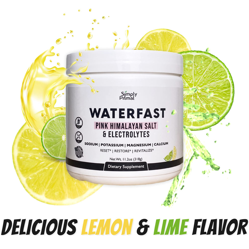 Simply Primal Waterfast ingredient close-up shows pink Himalayan salt for electrolyte balance.