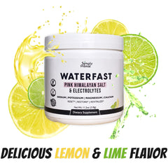 Simply Primal Waterfast ingredient close-up shows pink Himalayan salt for electrolyte balance.