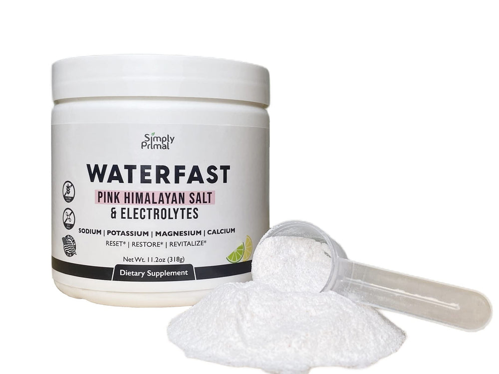 Simply Primal Waterfast no-sugar label close-up communicates keto-friendly formula.