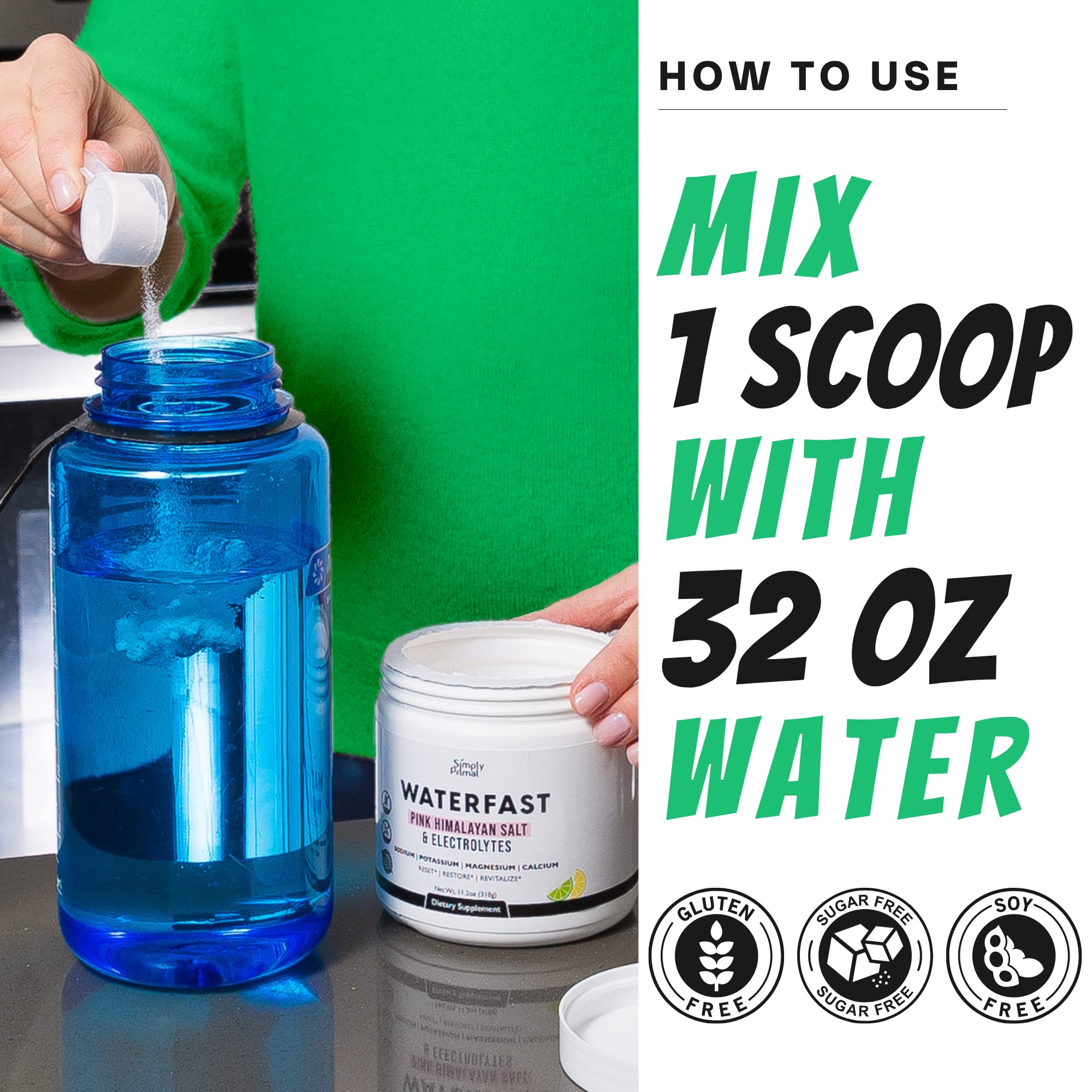 Simply Primal Waterfast powder with scoop highlights precise dosing for fasting hydration.