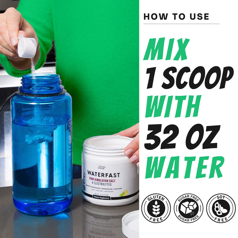 Simply Primal Waterfast powder with scoop highlights precise dosing for fasting hydration.