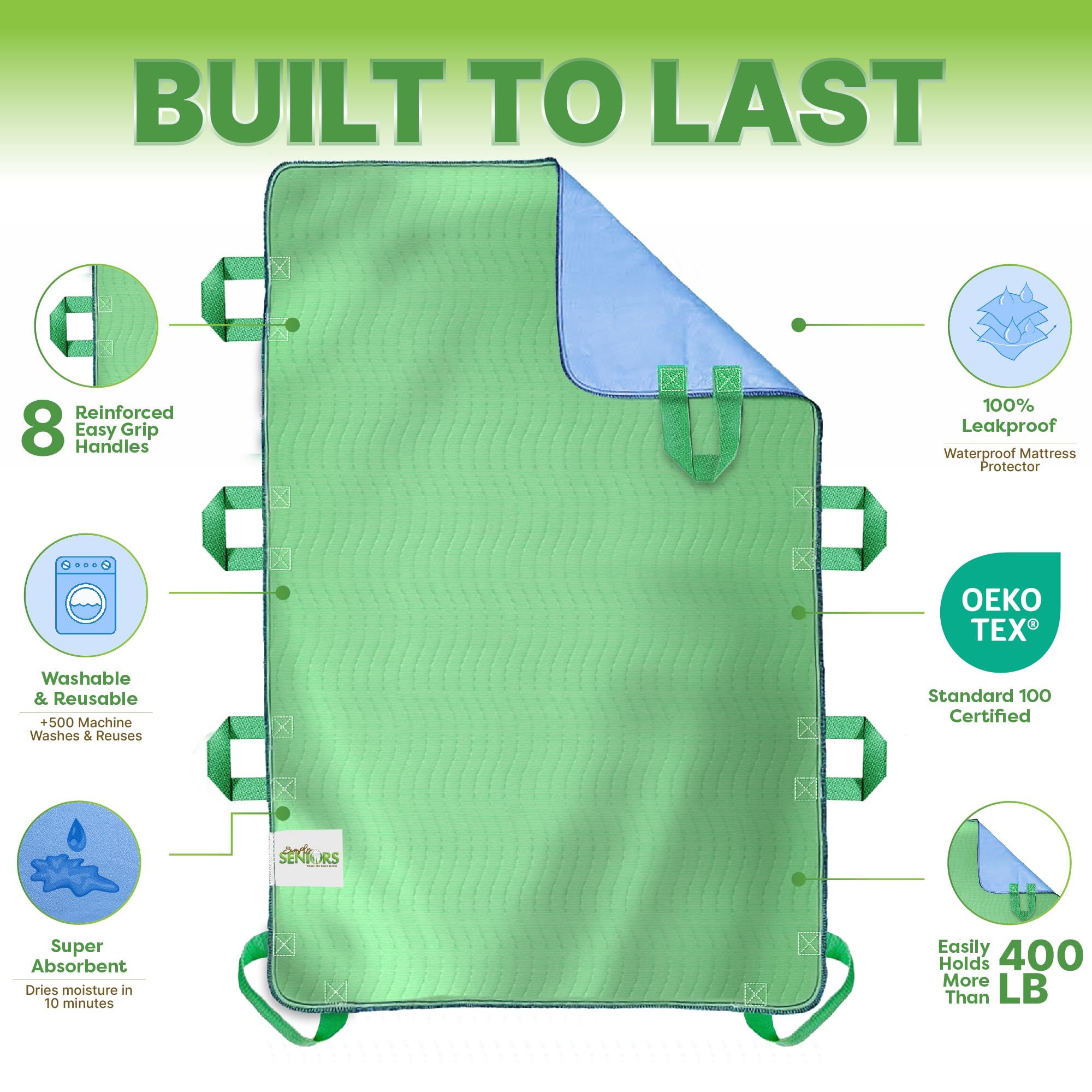 Simply Seniors bed pad with eight handles demonstrates secure grip for transfers.