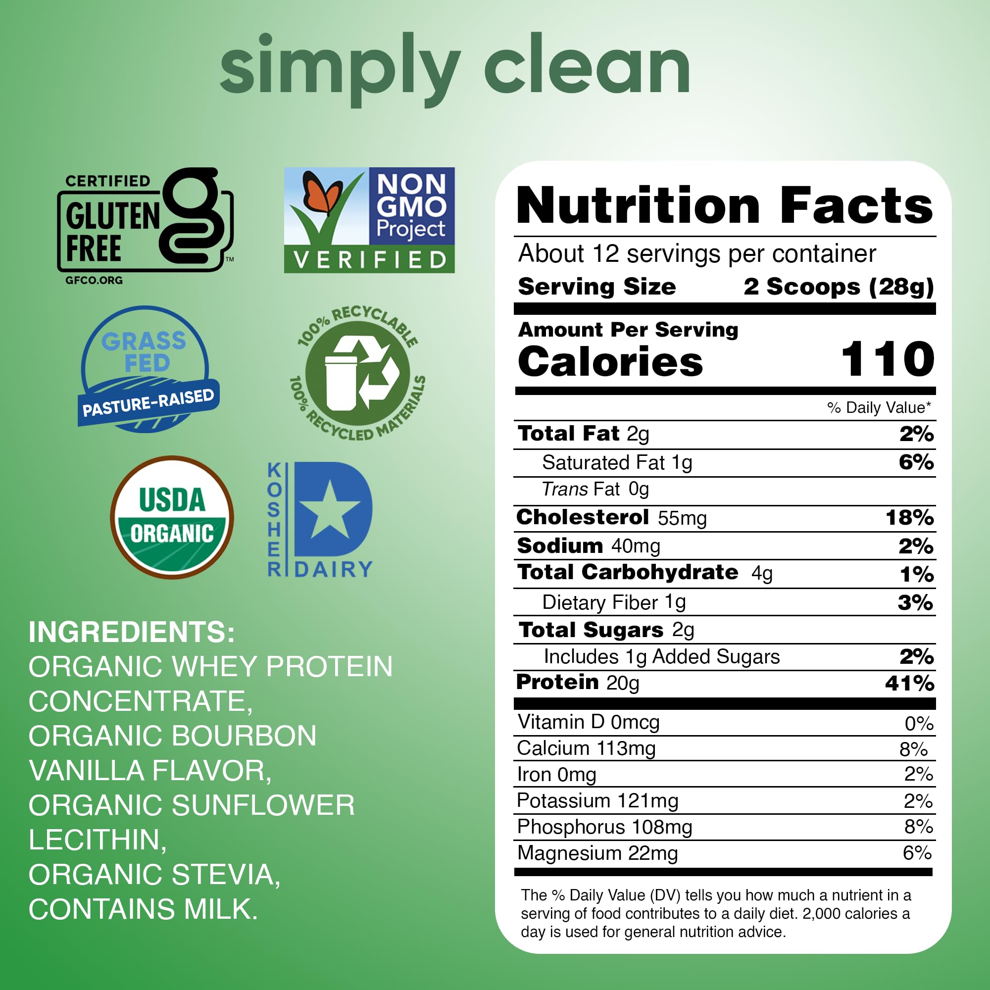 Simply Teras grass-fed whey protein seal signaling non GMO quality