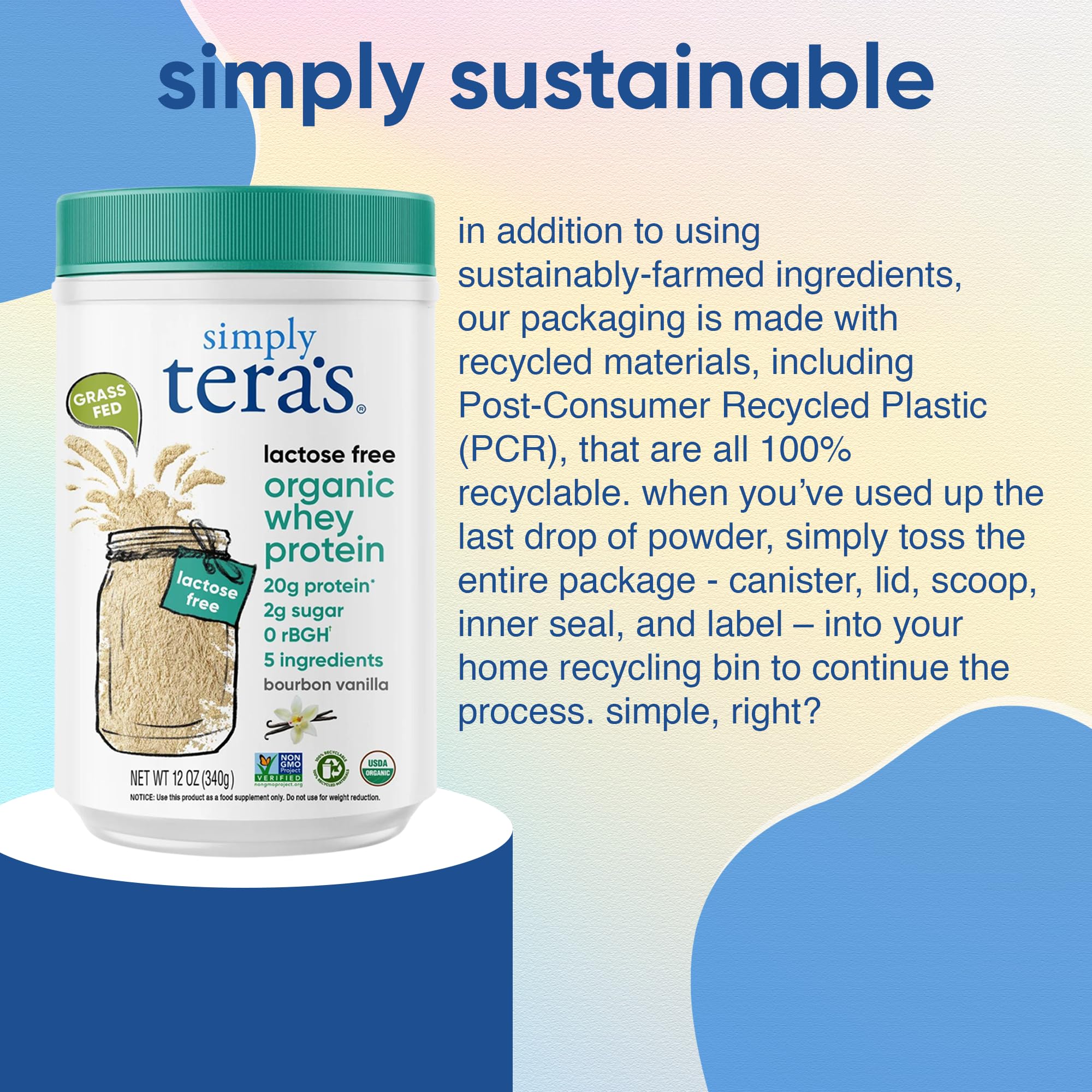 Label emphasizes organic ingredients and non-GMO quality in Simply Teras whey