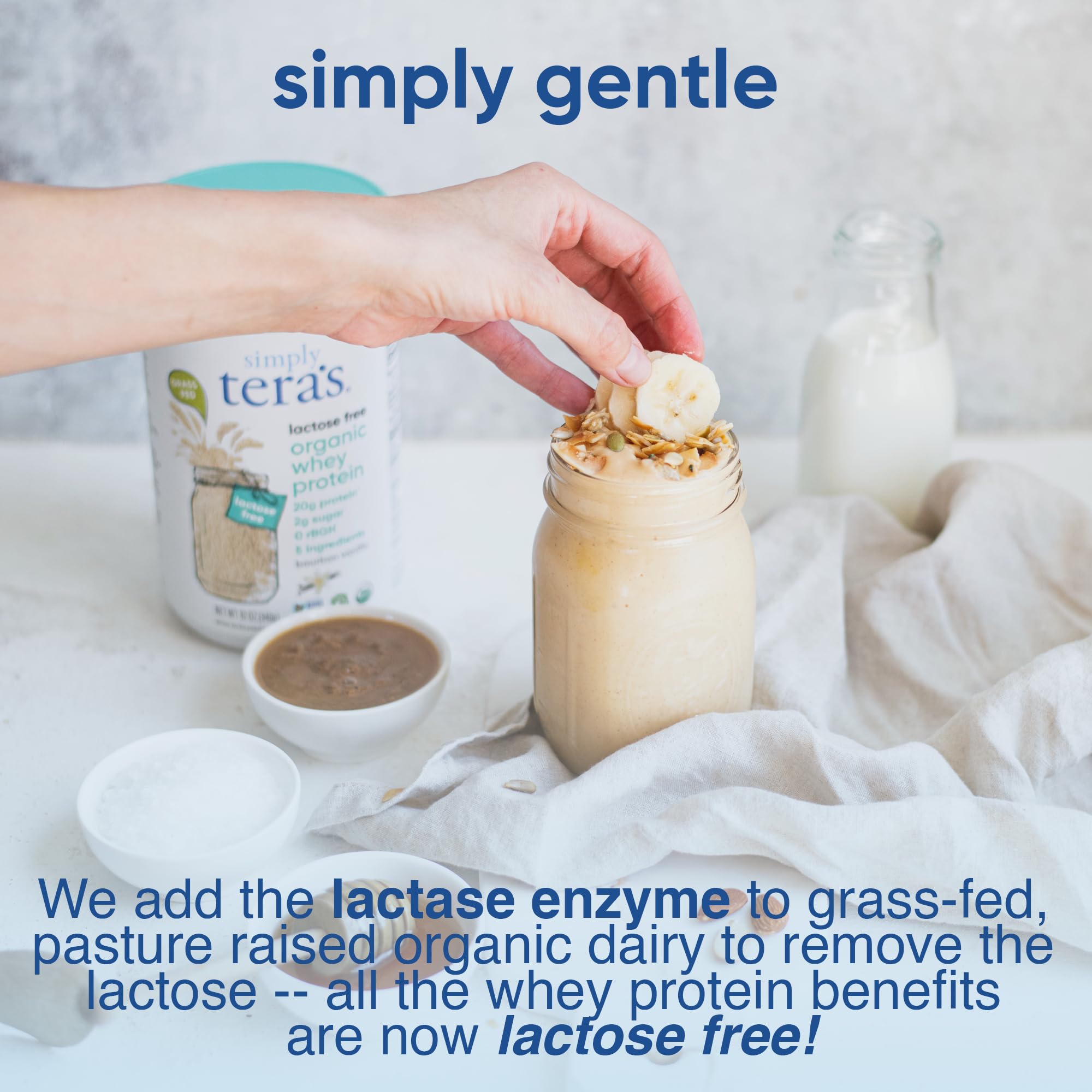 Pouring Simply Teras lactose-free whey vanilla into glass for a shake