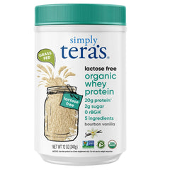 Simply Teras lactose-free whey vanilla container showing organic ingredients and label