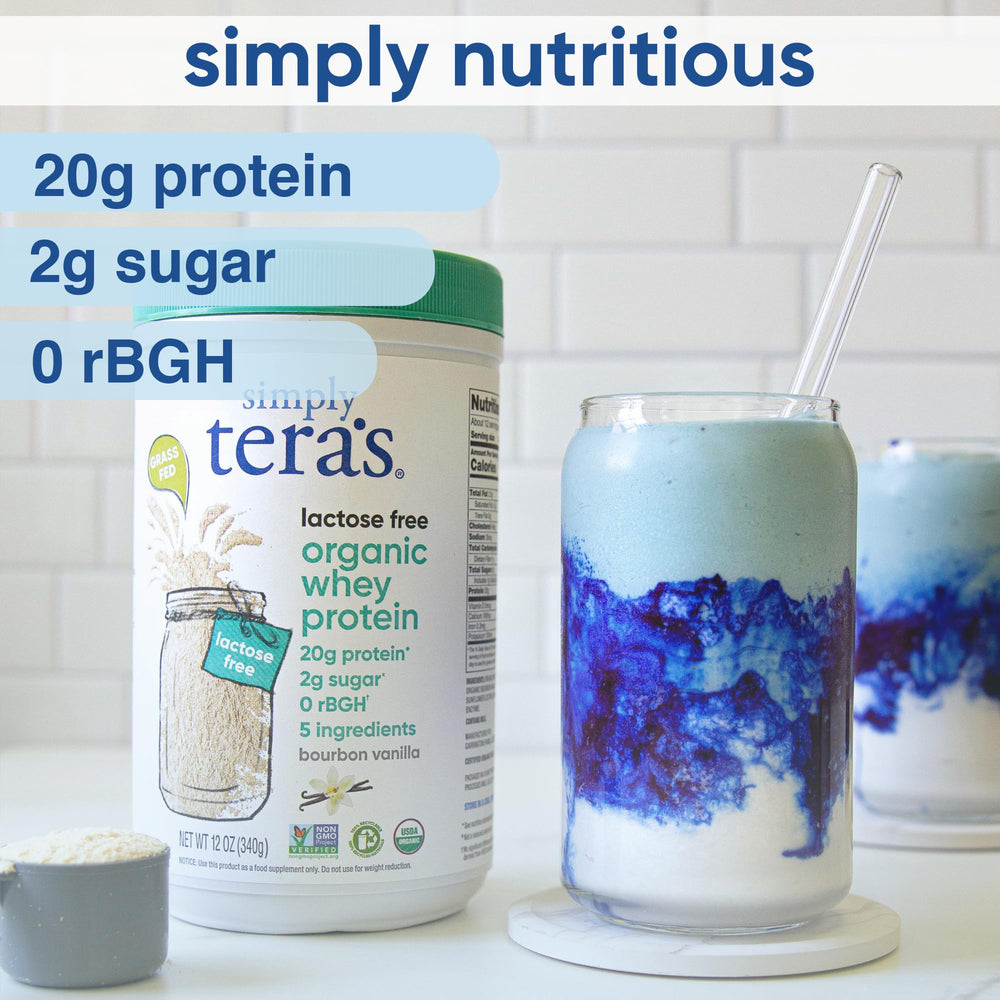 Simply Teras lactose-free whey vanilla in shaker ready to mix