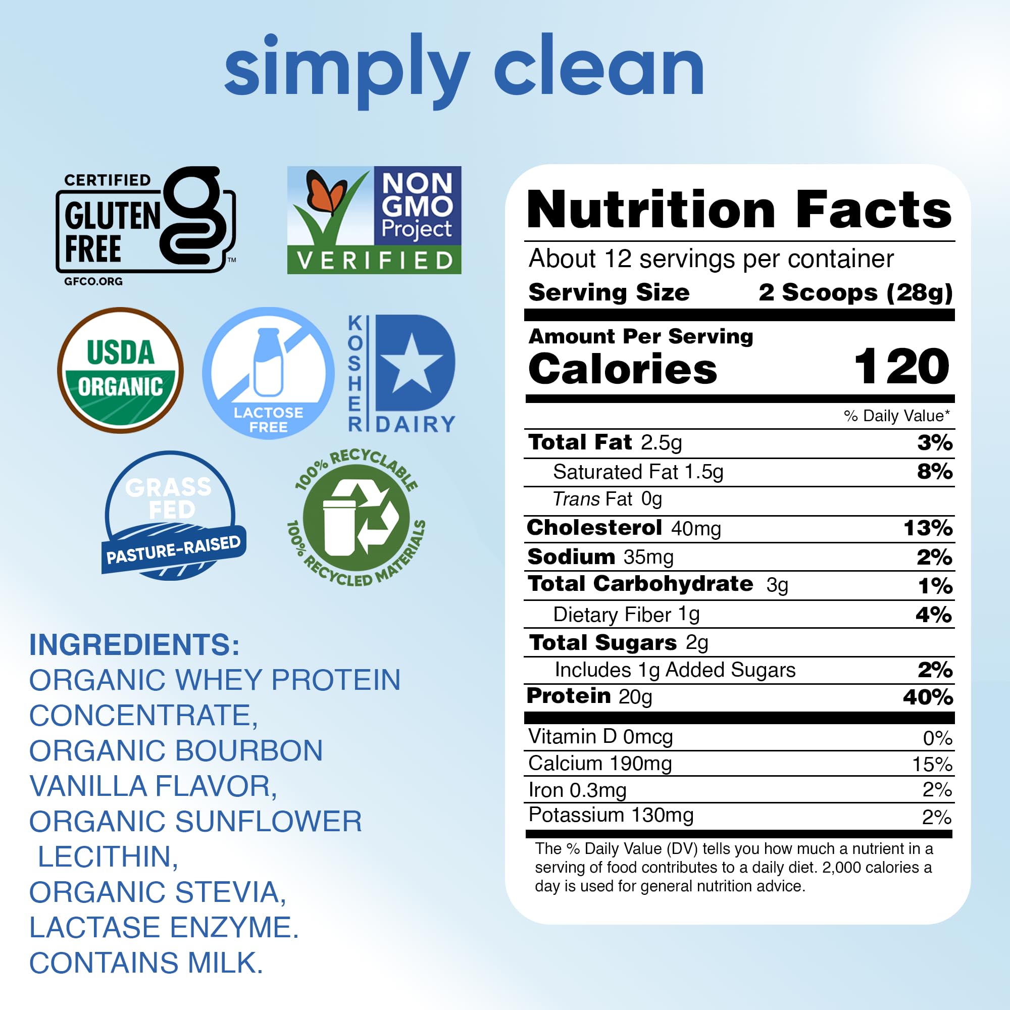Scoop of Simply Teras lactose-free whey vanilla powder for a protein serving