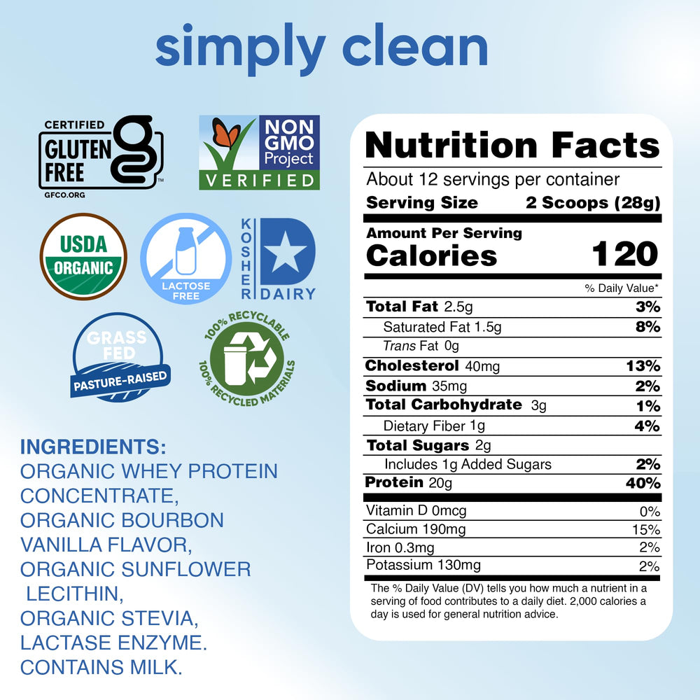 Scoop of Simply Teras lactose-free whey vanilla powder for a protein serving
