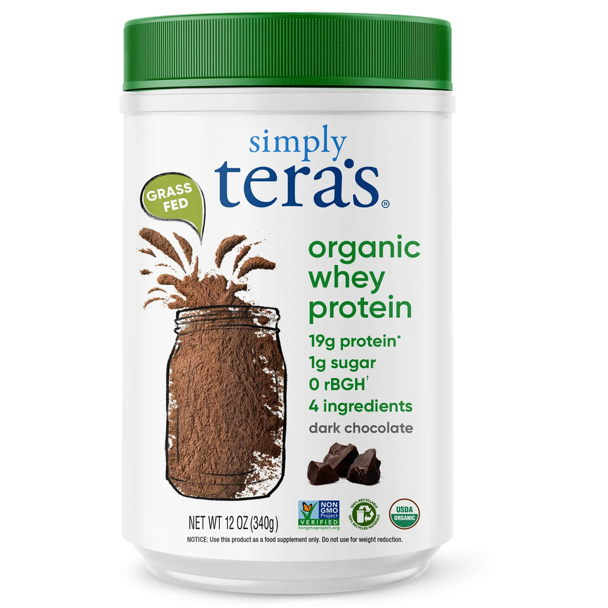 Simply Tera's Organic Whey Powder dark chocolate pour for quick shakes