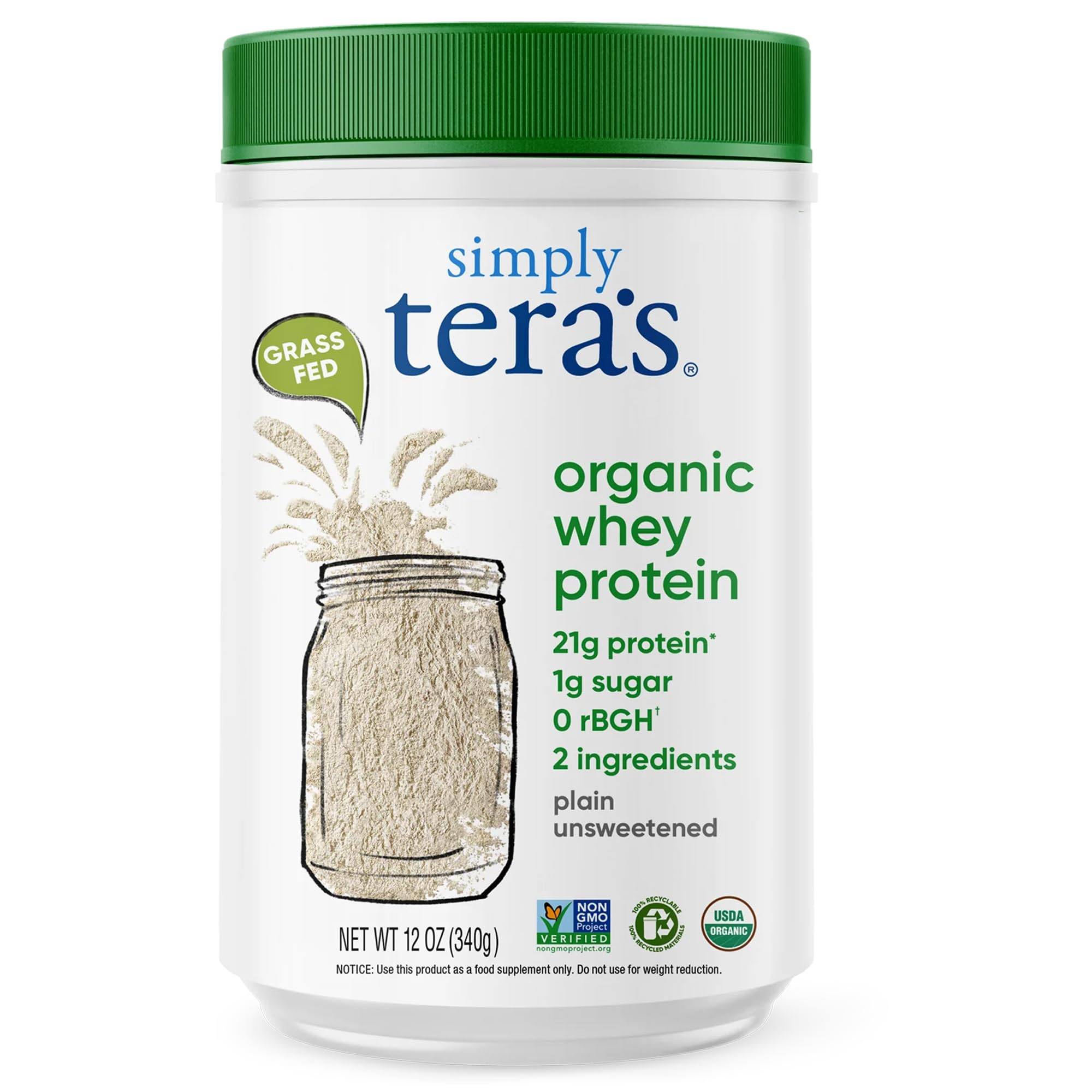 Simply tera's Organic Whey Protein Powder bottle shows grass-fed protein for post-workout refuel.