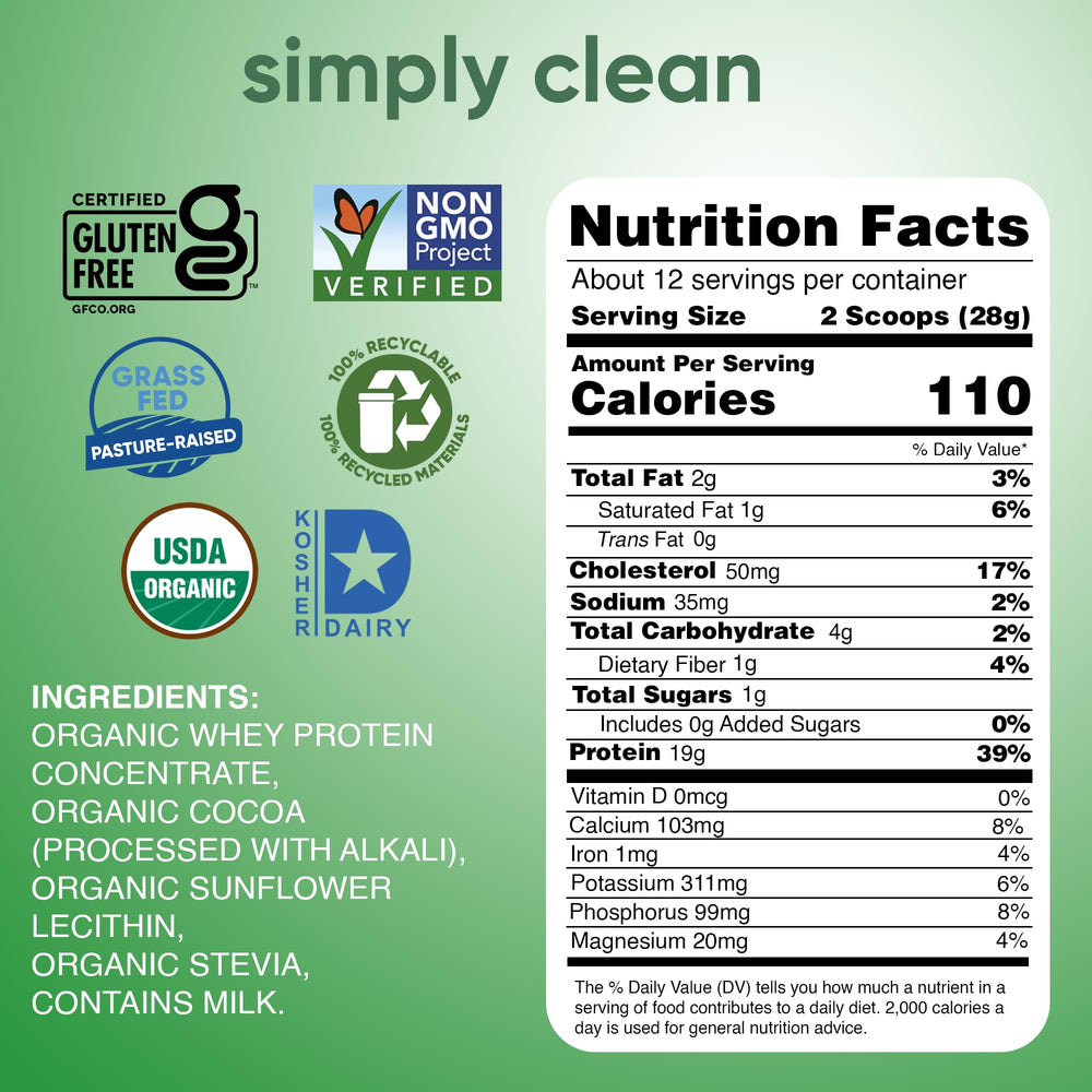 Simply Tera's Organic Whey Protein scoop beside the tub for easy portions