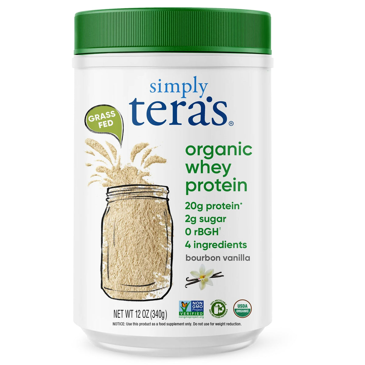 Simply Teras Organic Whey Vanilla bottle pour for quick, clean protein on the go.