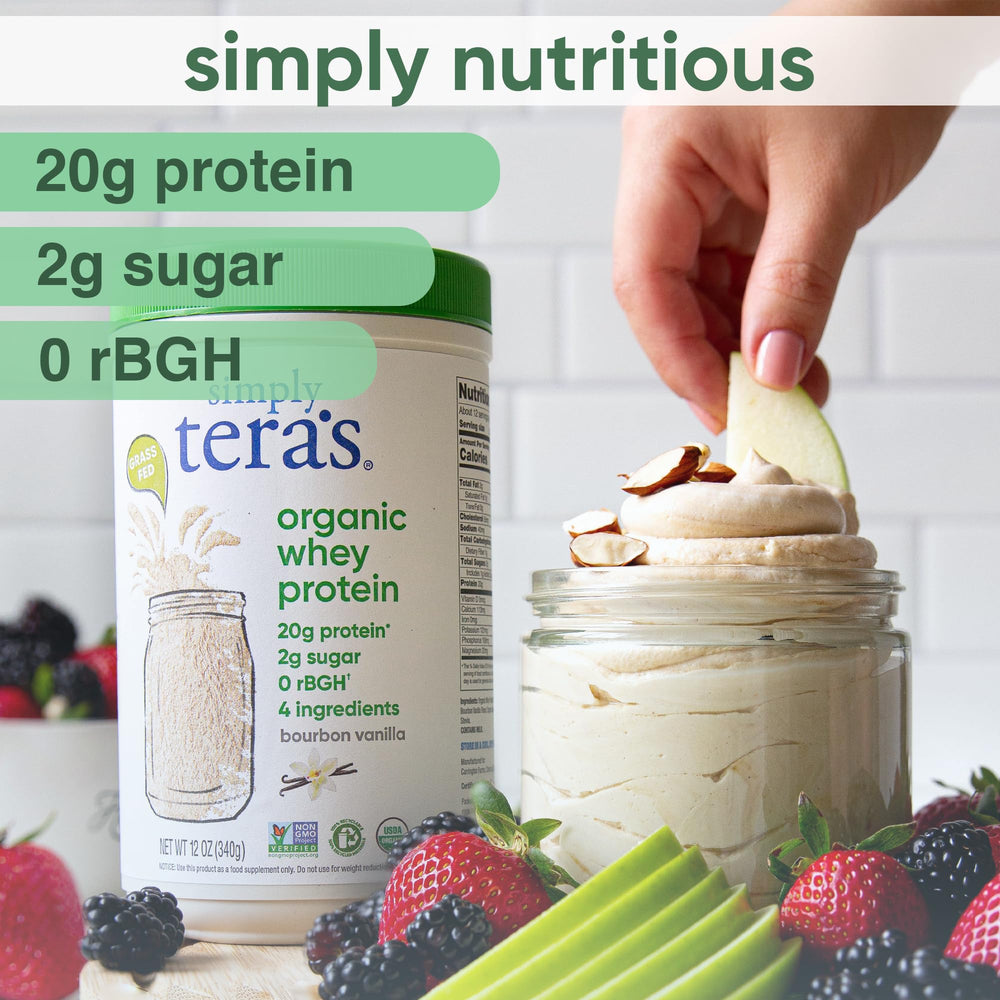 Simply Teras Organic Whey Vanilla scoop dispense for precise serving measurements.