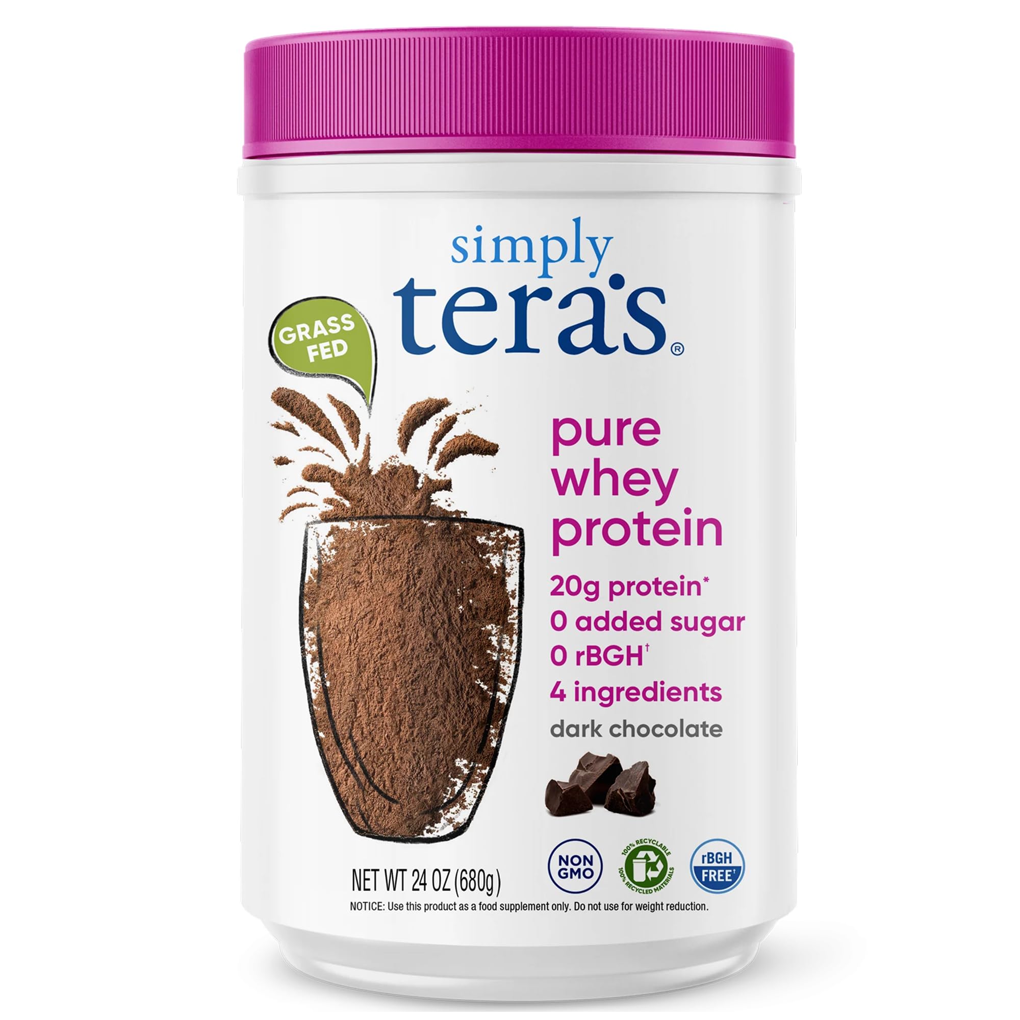 Simply Tera's Pure Whey Dark Chocolate canister shown on shelf for clean-label protein