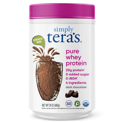 Simply Tera's Pure Whey Dark Chocolate canister shown on shelf for clean-label protein