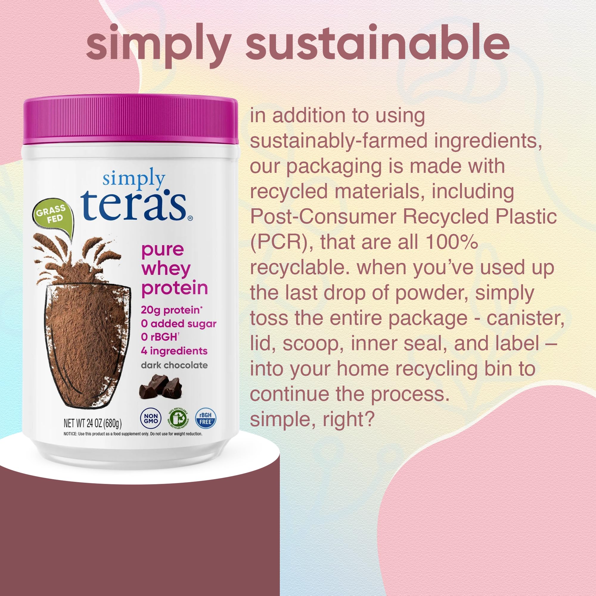 Close-up of cocoa and stevia notes in Simply Tera's protein formula