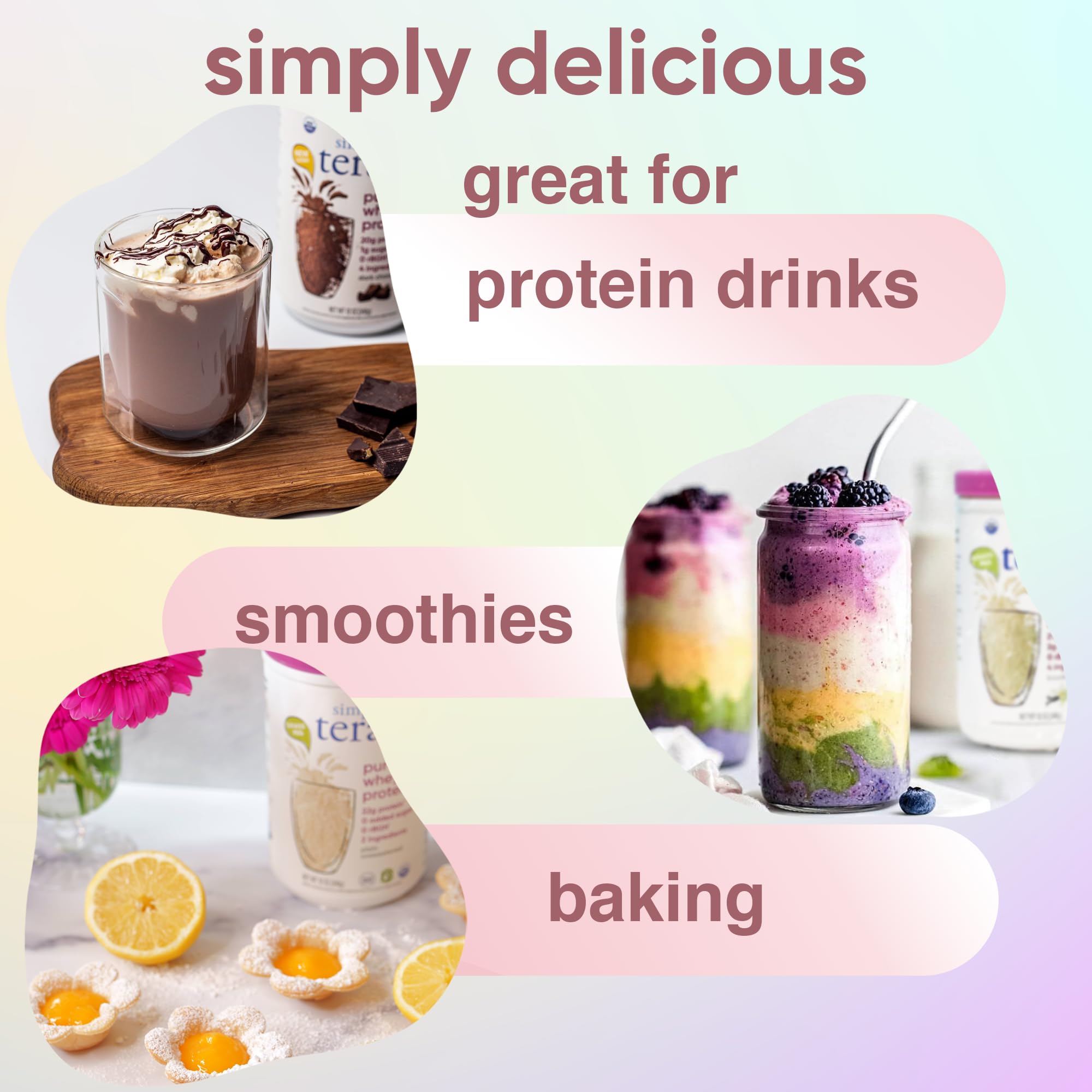 Scoop pouring Simply tera's protein powder into a smooth shake.