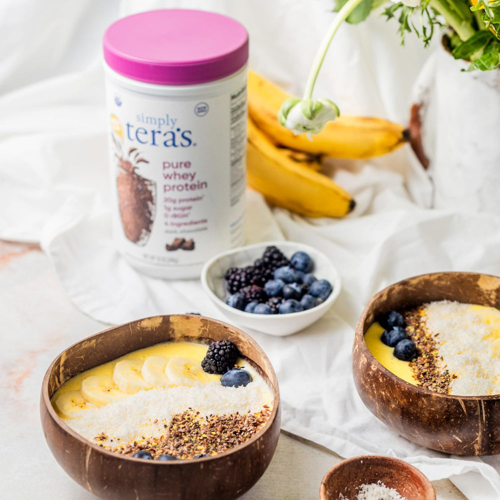 Canister with mixing bowl ready for smoothies using Simply Tera's protein
