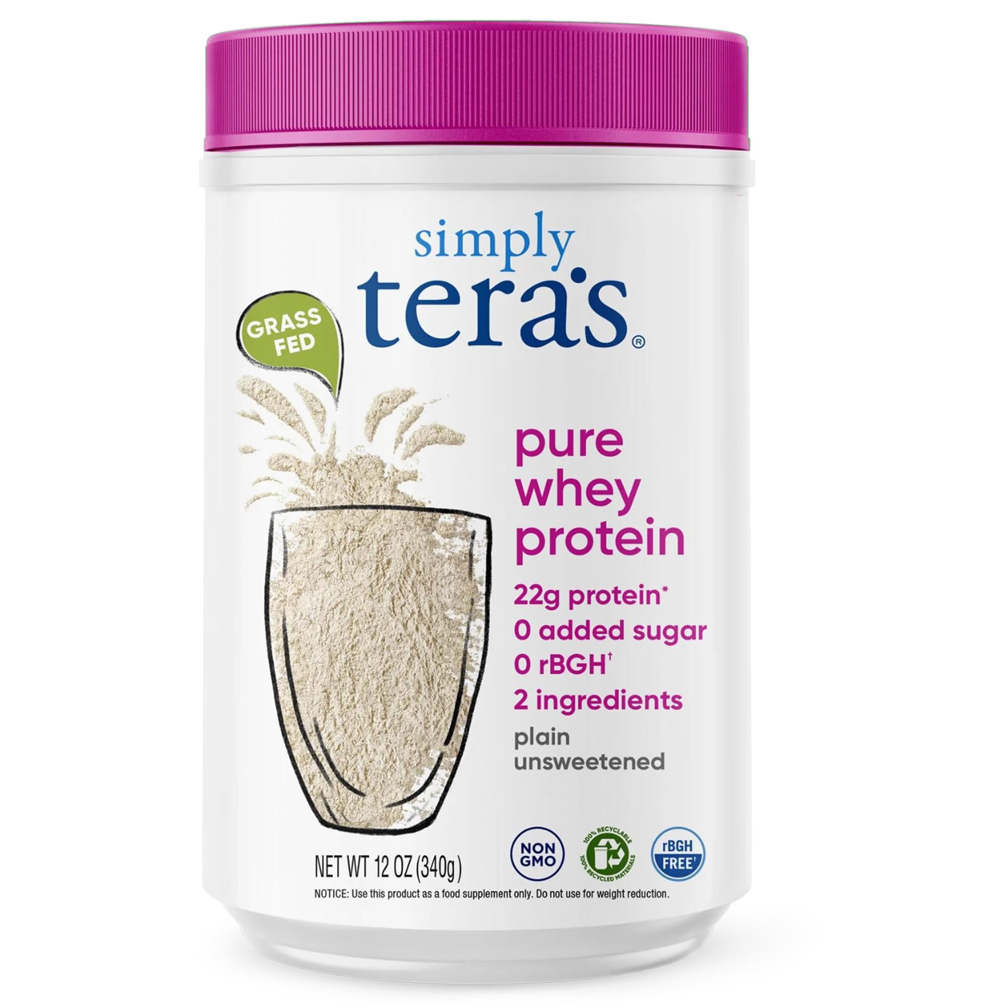 Simply tera's Pure Whey Protein Powder container front highlighting grass-fed, non-GMO ingredients.