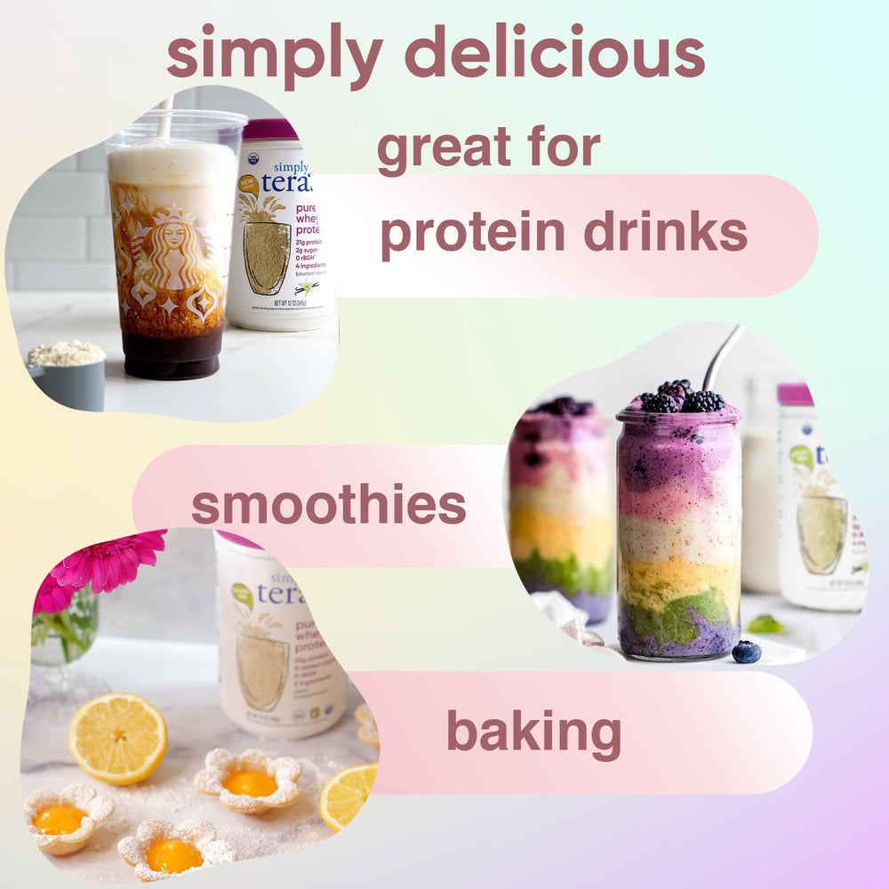 Pouring a smooth unsweetened Simply tera's whey shake into a glass.