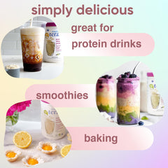 Pouring a smooth unsweetened Simply tera's whey shake into a glass.