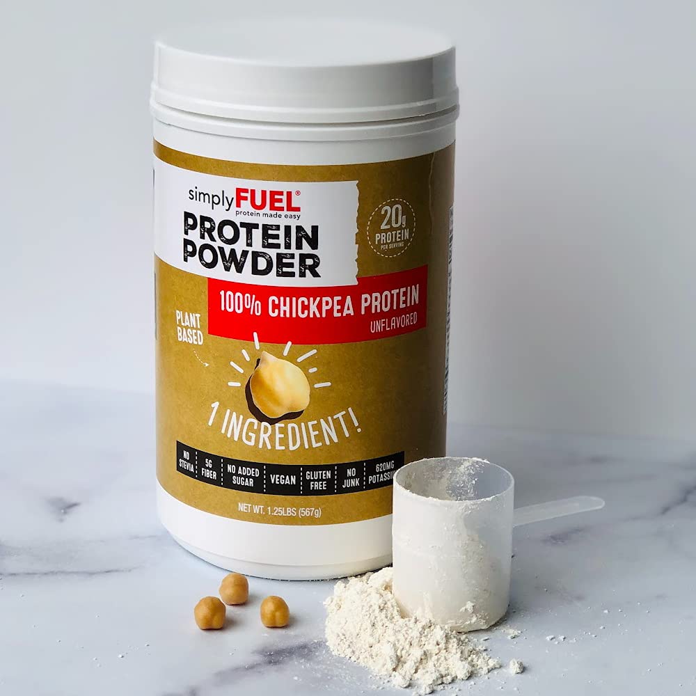 simplyFUEL chickpea protein powder scoop on a countertop, easy portion for shakes