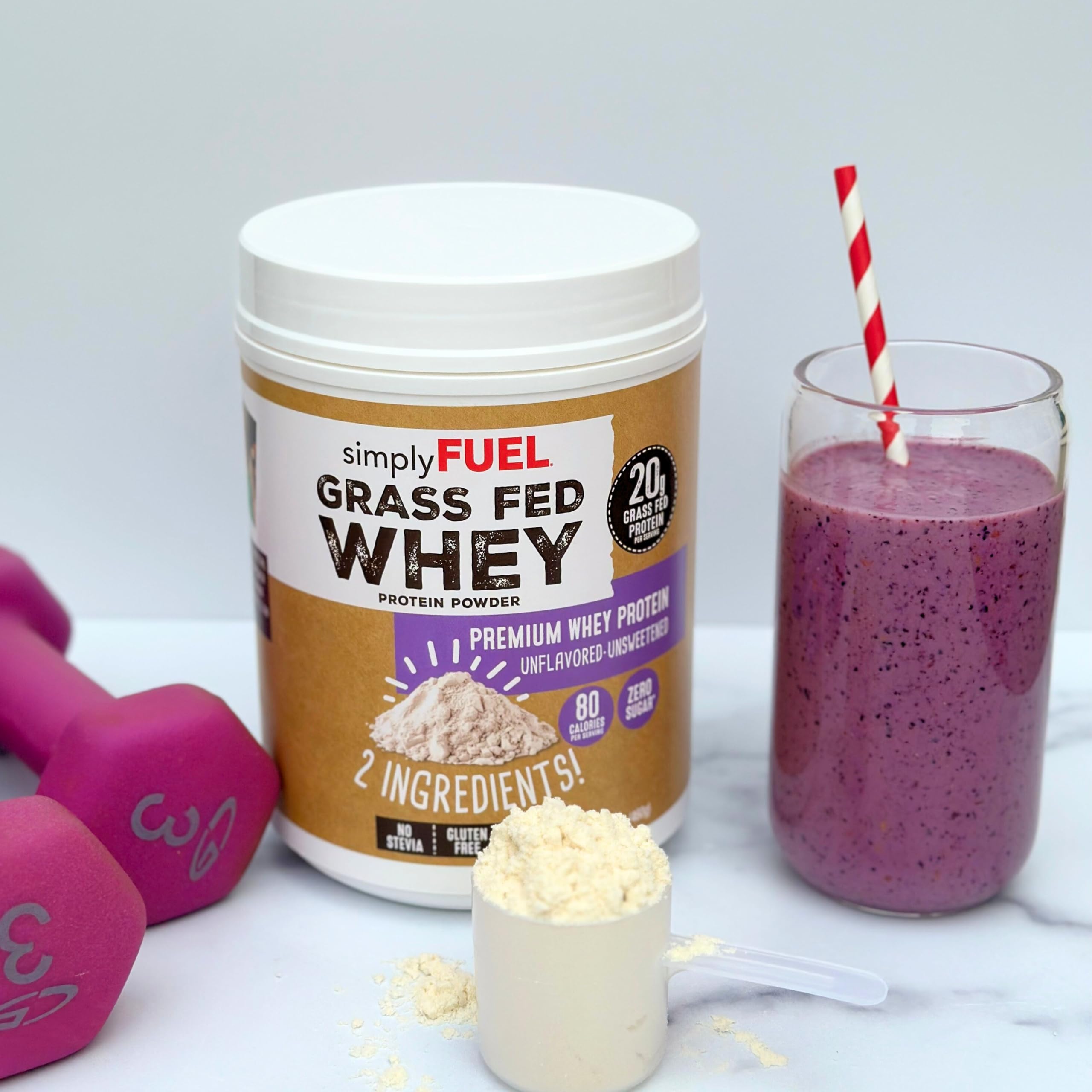 SimplyFUEL 1 lb tub label highlights gluten-free, zero sugar formula.