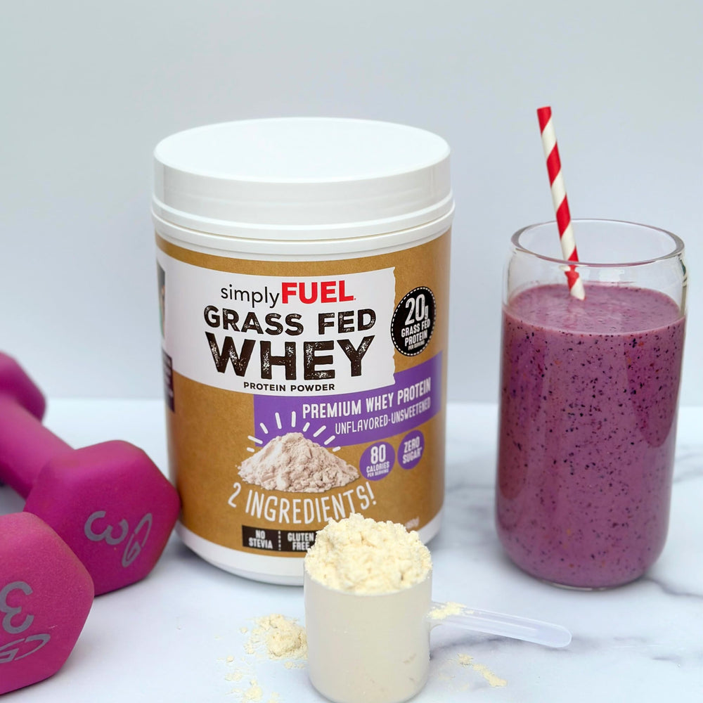 SimplyFUEL 1 lb tub label highlights gluten-free, zero sugar formula.