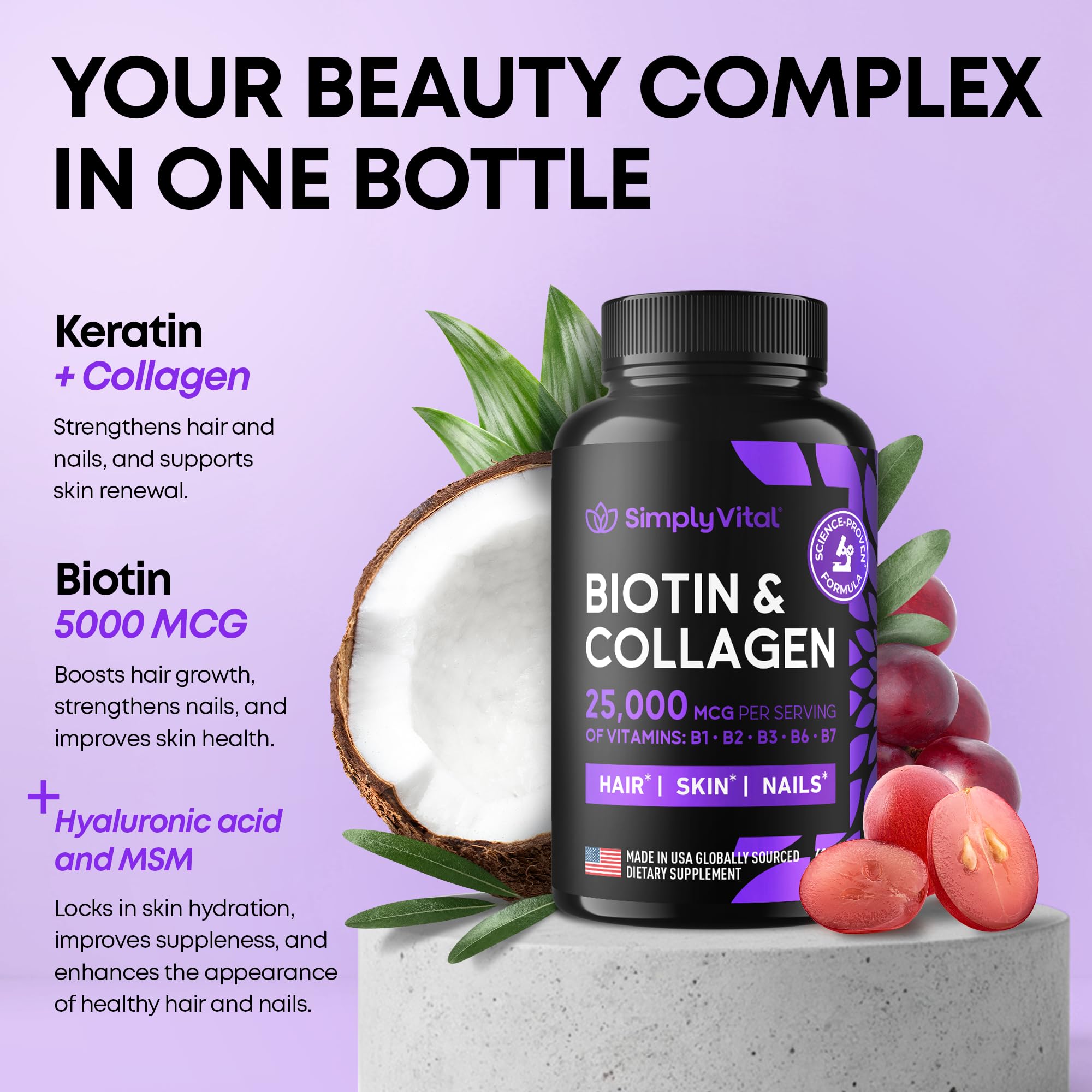 SimplyVital collagen-keratin formula fosters radiant skin.