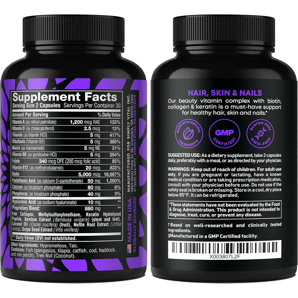 SimplyVital capsules close-up for healthy hair and nails.