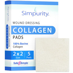 Simpurity collagen dressing pad 2x2 pack close-up, compact coverage.